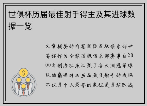 世俱杯历届最佳射手得主及其进球数据一览
