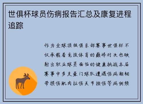 世俱杯球员伤病报告汇总及康复进程追踪
